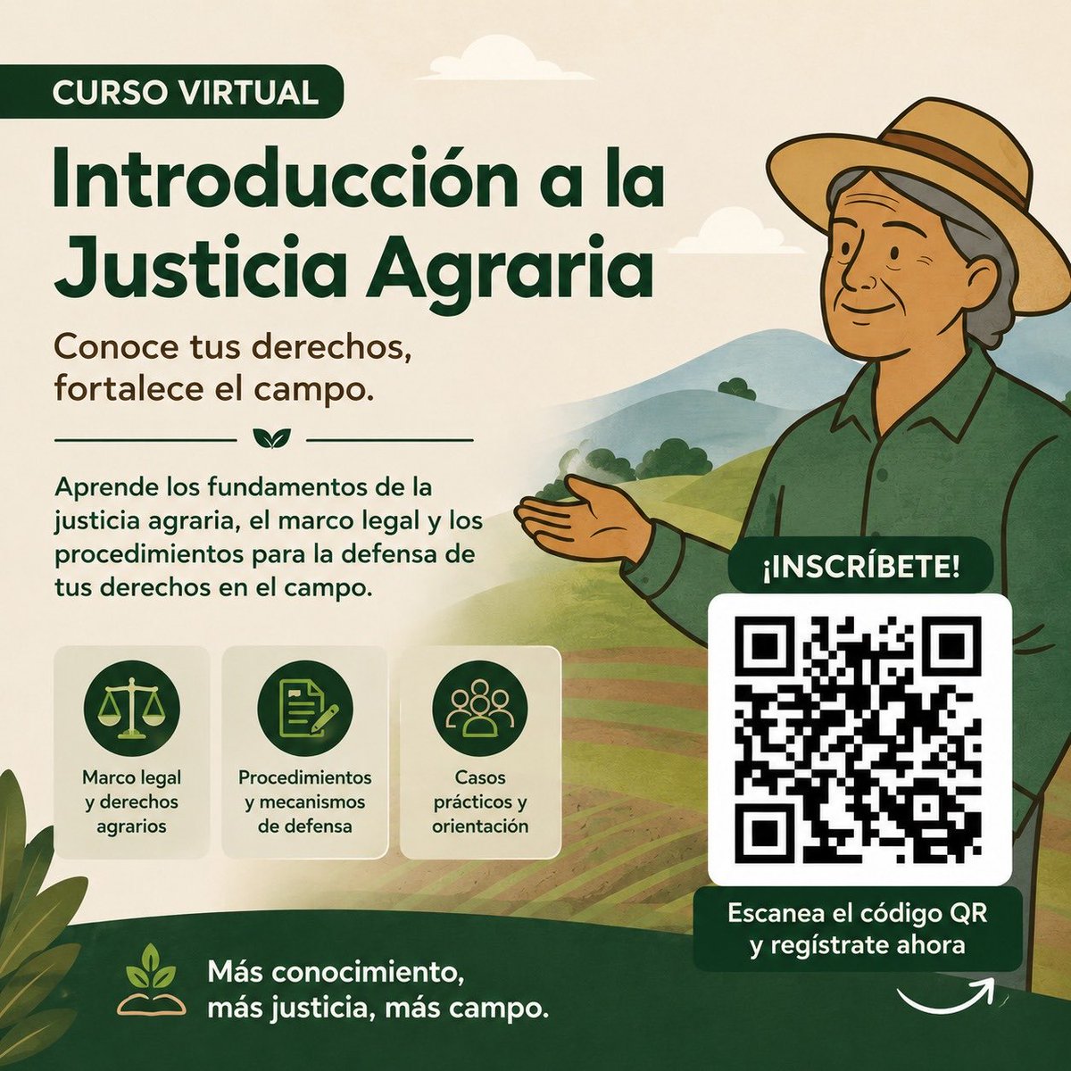 MinjusticiaCo's tweet photo. 🌱⚖️ Conocer tus derechos también es fortalecer el campo.

Si te interesa aprender sobre justicia agraria, mecanismos de defensa y herramientas para la protección de los derechos en el territorio, este curso virtual es para ti. 👩‍🌾📚

Inscríbete aquí 👉 https://t.co/LOCcG5dimN https://t.co/XyoBQkjIAg