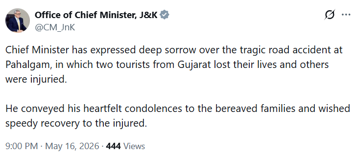ANI's tweet photo. Office of J&K Chief Minister tweets, "Chief Minister has expressed deep sorrow over the tragic road accident at Pahalgam, in which two tourists from Gujarat lost their lives and others were injuried. He conveyed his heartfelt condolences to the bereaved families and wished speedy recovery to the injured."