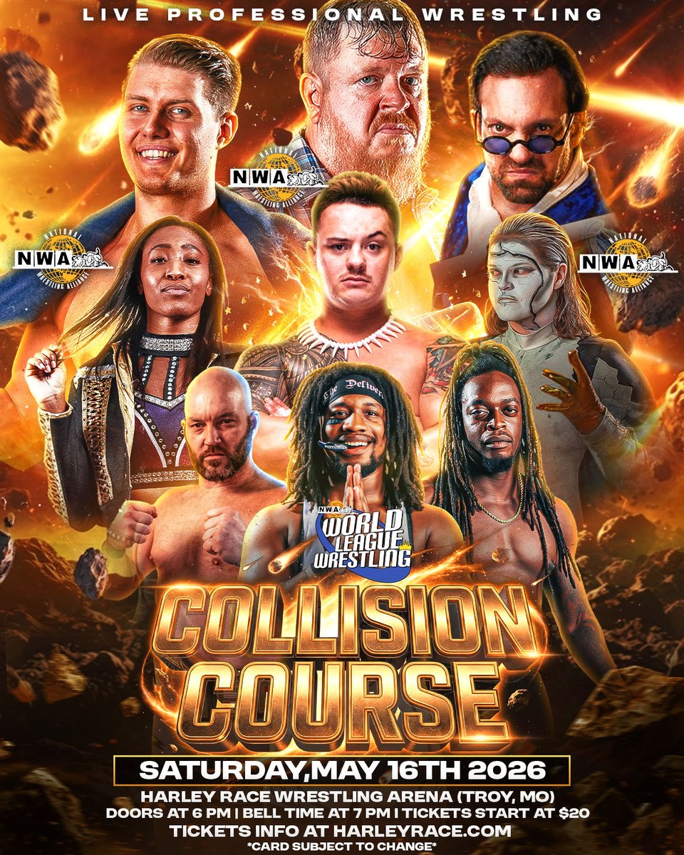 worldleaguewlw's tweet photo. NWA World League Wrestling presents Collision Course! takes place tonight!
The final card is as follows:
➡️Main Event - Trevor Murdoch and Astonishing Austin Mulitalo vs Carson Drake and Aron Stevens
➡️Superstar Steve vs Tobias Storm
➡️Moses “The Deliverer” vs. Jay Pierce
➡️JDR vs. Drew Shields (w/ Jeff Wilde )
➡️Aden Riley vs. Joseph Jackson
➡️Ricky Rivera vs. King Rahim
🎟️ A limited amount of General Admission tickets still remain at https://t.co/gVEXNpsEQo