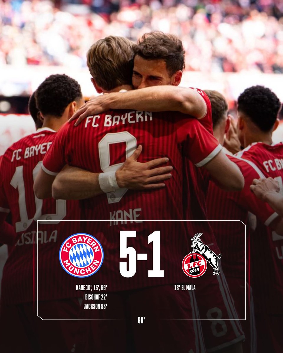FCBSLO's tweet photo. Konec tekme. Bayern 5:1 Köln. Strelci za naše: 3x Kane, Bischof in Jackson. #fcbayern #fcb #miasanmia https://t.co/dlLZb0jQj4