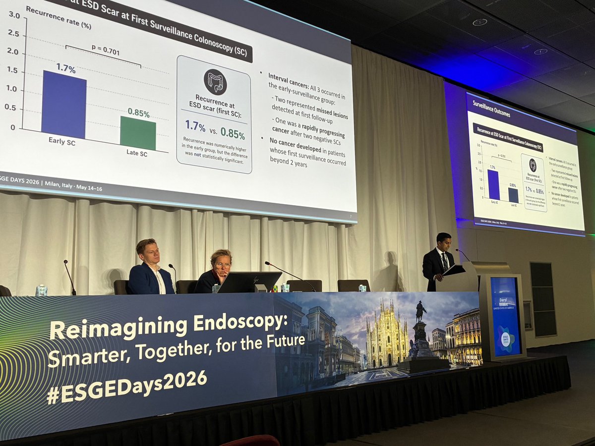DarylRamai's tweet photo. Presented our international study on post ESD surveillance along with a panel of study speakers who are really pushing the field forward. 

ESGEdays 2026 was a blast! Thank you Cesare Hassan for this kind invitation 💙

Leaving feeling more energized than ever!

@ESGE_news https://t.co/rR1Vq1sDYF