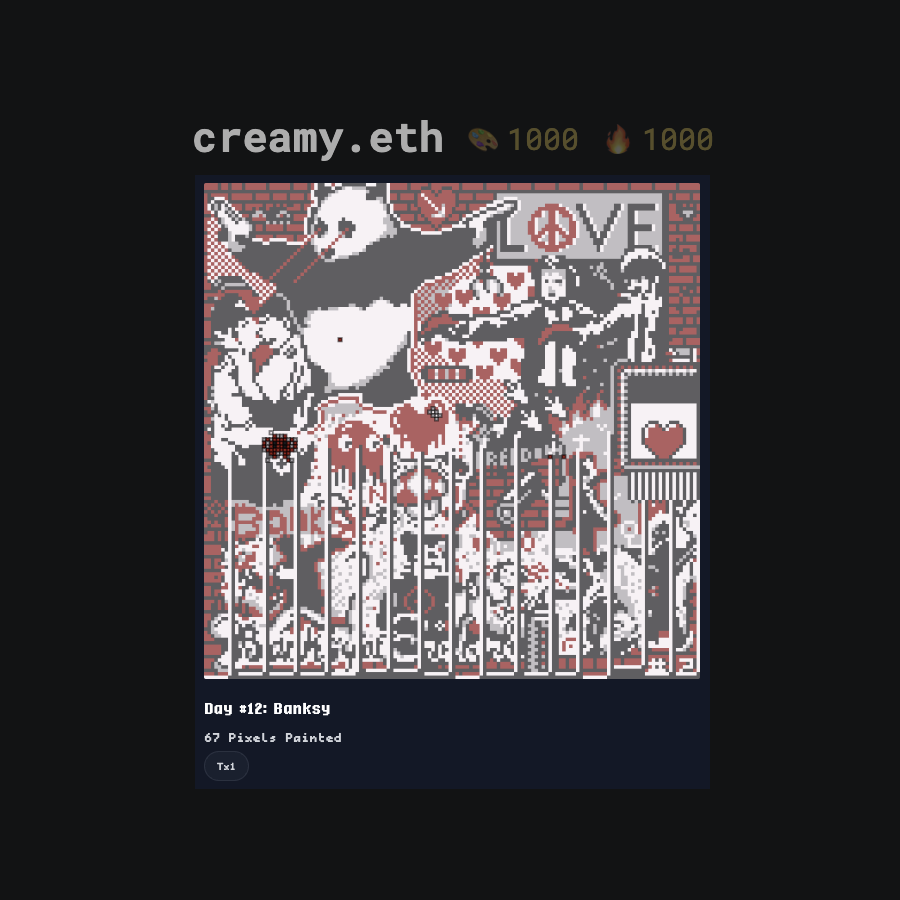 uwucreamy's tweet photo. Today I celebrate my personal 1000th day in a row of @basepaint_xyz 🥳!!!

That's right, I've added "check in with Basepaint" to my personal daily survival checklist, right next to eat/sleep/breathe. I love what we're building here & love our global community of artists connected by @base 

The wildest thing is, I'm not even #1 on the leaderboard... @BuidlMeThis is ahead of me by 1 day in streak 🔥, and @Jota19781 is ahead by a few in just number of canvas painted 🎨 (not streak).

If you've never painted a pixel before... what are you waiting for? Anyone can join... I wasn't a pixel artist 1k days ago. Lmk if you need help getting started! 💙🖌️