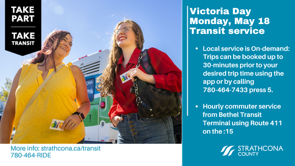 StrathcoCounty's tweet photo. #SCTransit - Monday, May 18 is saturday service. Local on-demand trips can be booked 30-min prior to desired travel time using the app or by calling 780-464-7433 (press 5). commuter trips are hoursly on the :15 from Bethel #Shpk #Strathco https://t.co/r4z2krjIe5