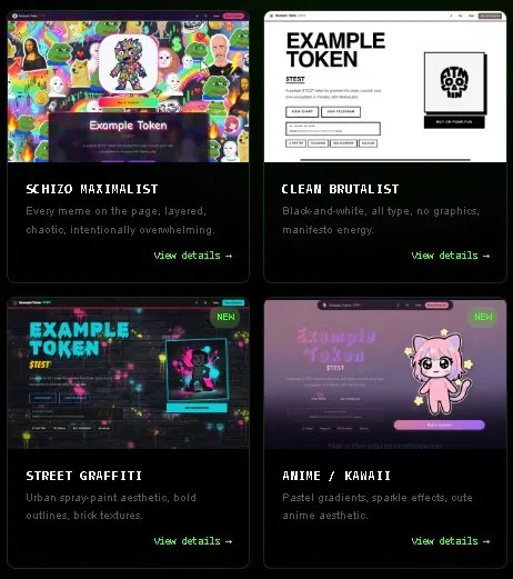 MemeLabzdotfun's tweet photo. Every launch on MemeLabz comes with a full custom website. 10 styles to choose from-

Each one now has DexScreener baked in so your community can check the chart and trade right from your page.

Don't see a fit? Drop your styling ideas below, we add new styles regularly.

See all 10 at https://t.co/kFQYyDRxnY
