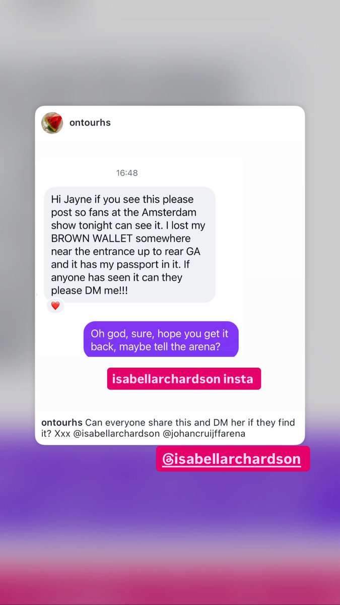 ontourhs_'s tweet photo. Someone at Harry show today has lost their brown wallet, it has their passport in, 

pls share and dm her if you found it xxx from entrance to rear GA 

isabellarchardson on Instagram https://t.co/Iwtbm4oR1i