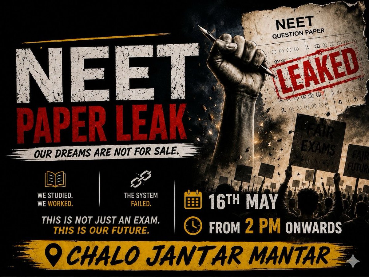 ASAP4Students's tweet photo. NEET पेपर ल���क के विरोध में जंतर-मंतर पर भूख हड़ताल 

📍 स्थान: जंतर-मंतर, दिल्ली
⏰ समय: दोपहर 2 बजे

लड़ेंगे जीतेंगे 🔥🔥 https://t.co/QvOC6Lm30m