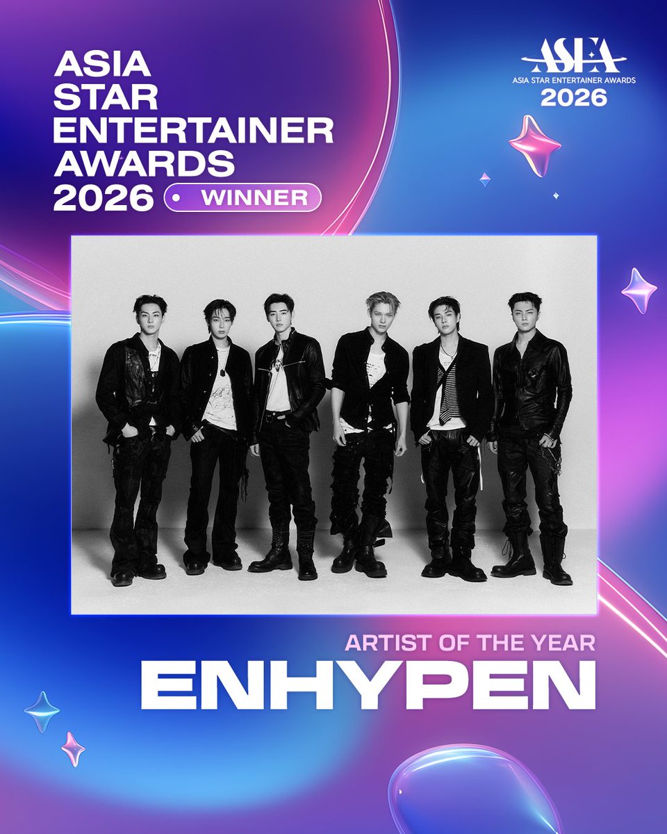 ENHYPENVTTH's tweet photo. [🏆] ASEA 2026

ขอแสดงความยินดีกับ #ENHYPEN ที่ชนะรางวัลแดซัง Artist of the Year ของงาน 2026 Asia Start Entertainer Awards (ASEA) ด้วยนะคะ🙇‍♀️❤️‍🔥

ENHYPEN STARS BRIGHT IN ASEA 2026 
#ENHYPENonASEA2026 #ASEA2026 
#ENHYPEN_7thDaesang @ENHYPEN_members @ENHYPEN https://t.co/p057UD3yAa