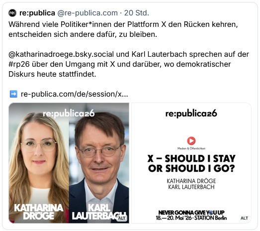 GerdFleischer's tweet photo. X - should I sty or should I go:
Auf der @republica wurde diskutiert, ob man hier auf X bleiben oder gehen sollte. Das war der Post drüben bei @bluesky 👇. 
@katdro ist ja schon im Himmel angekommen, @Karl_Lauterbach würde es auch gut zu Gesicht stehen, denn ... https://t.co/8f9RjaNWka