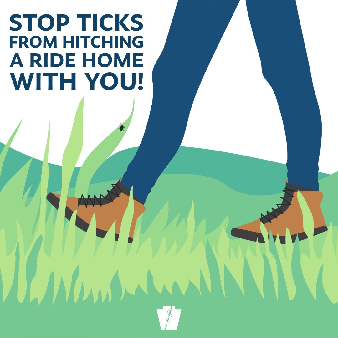 PAHealthDept's tweet photo. Heading out for a hike? Before you go, treat your shoes, clothes, and gear with permethrin to help keep ticks from hitching a ride. https://t.co/hpXO1rDLgX