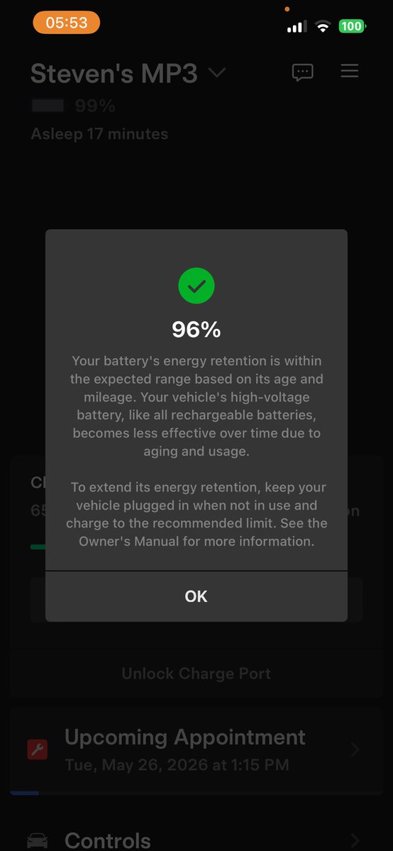 SMeitin's tweet photo. I just paid for and downloaded the app you linked in the comments.   Unfortunately, the battery health estimates are significantly higher than what the Tesla Battery Health Test results show in both of our Tesla Vehicles.   I tend to believe the Tesla results than this 3rd party app.