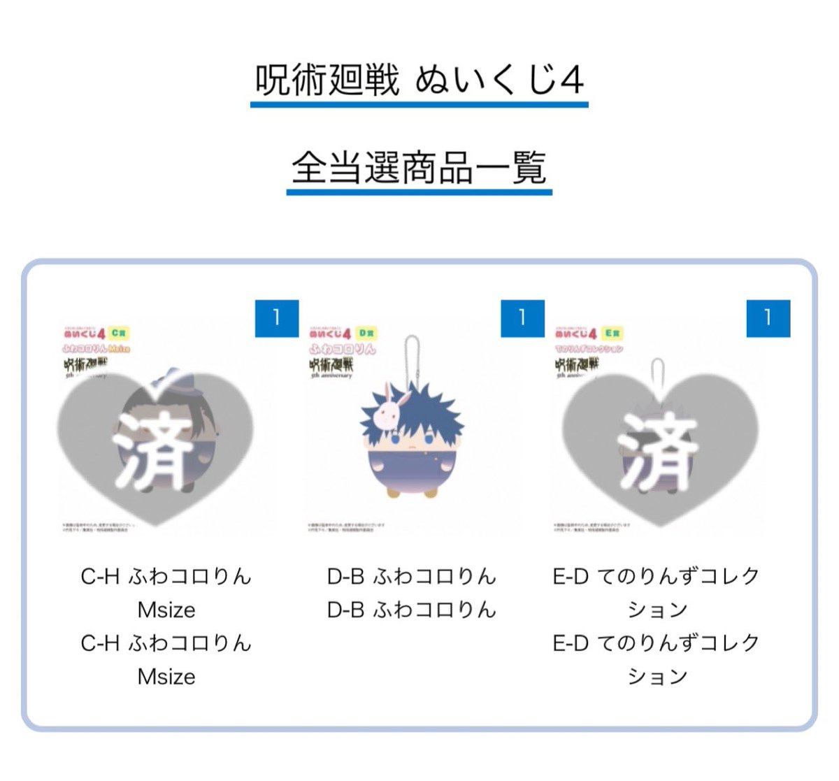 _404621's tweet photo. @0 【交換・譲渡】呪術廻戦 ぬいくじ4

譲｜D賞伏黒
求｜E賞虎杖 or 定価+送料

＊郵送又は大阪市内手渡し(多忙のため手渡しの場合はお取引が遅くなる可能性あり)
＊プロカ必読
＊交換、譲渡に優劣ございません

お気軽にお声掛けください🌷 https://t.co/y65fQCrW9r