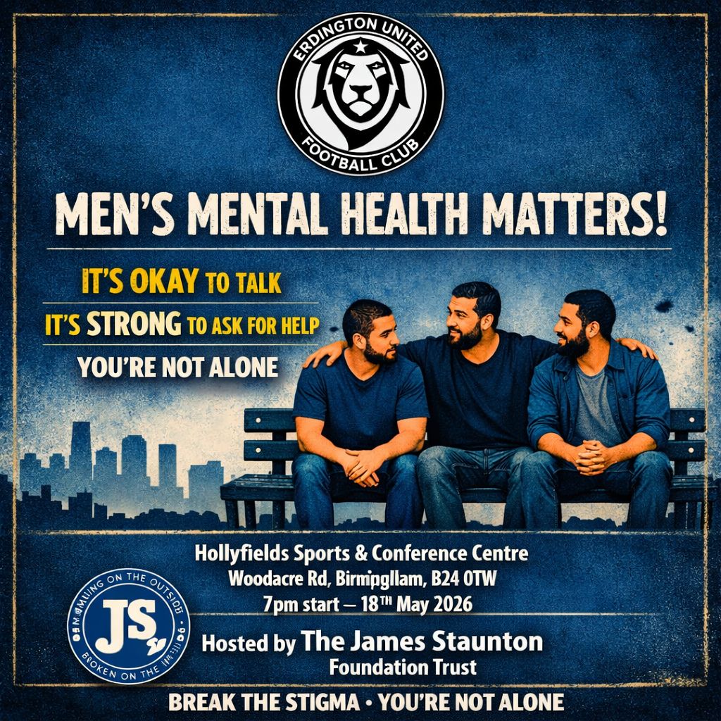 ErdingtonU's tweet photo. This Monday, we are taking part in a session with The James Staunton Foundation based around men's mental health. Anybody is welcome to attend 🙌. All details are below. #ItsGoodToTalk #ItsOkayNotToBeOkay #Together 💙 https://t.co/7Xt0pV3f8Q