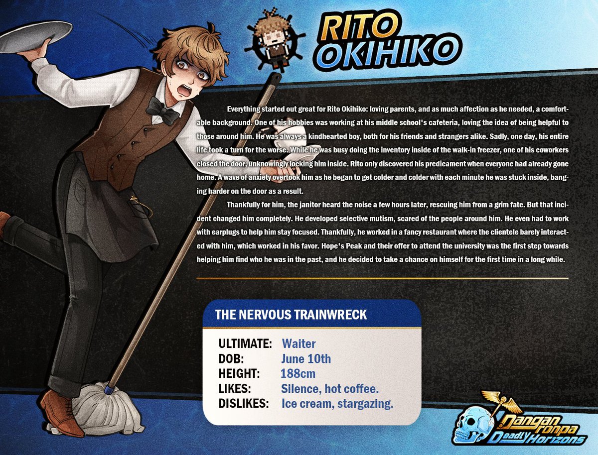 DRDeadlyHorizon's tweet photo. Meet Rito Okihiko, the Ultimate Waiter ! His anxiety is equal to his professionalism, believe it or not. Will his fear of other people help him avoid death in this killing game or will it spell his demise ? #drdhotwt #drdeadlyhorizons #fanganronpa https://t.co/4O9zJ4v1UJ
