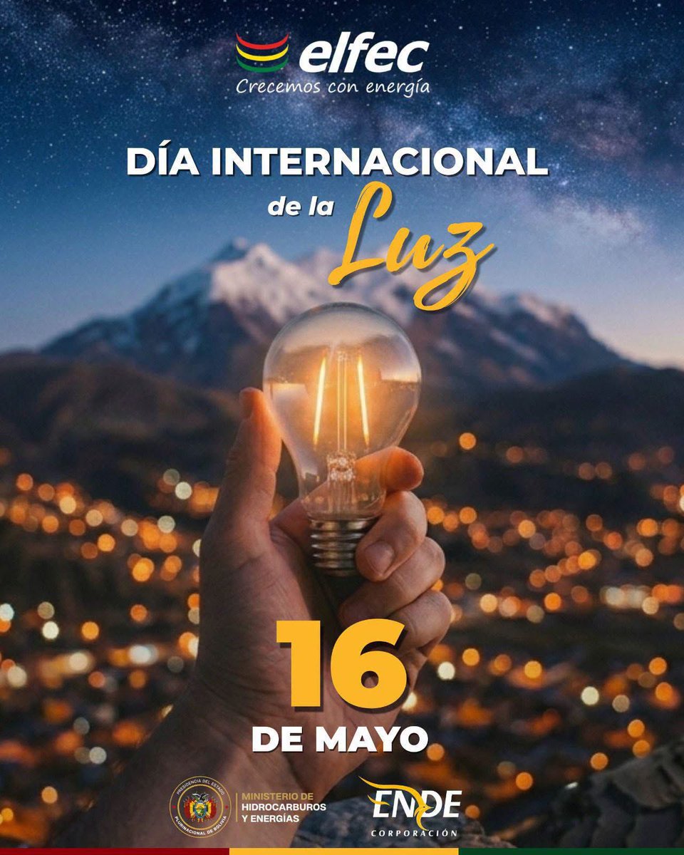 ENDE_ELFEC's tweet photo. 💡 En el Día Internacional de la Luz, ELFEC reafirma su compromiso de seguir iluminando hogares, impulsando el desarrollo y llevando energía que transforma vidas. 🌎 

#ELFEC #CrecemosConEnergía #DíaInternacionalDeLaLuz #ENDECorporación #EnergíaParaBolivia https://t.co/zUertnPWQD
