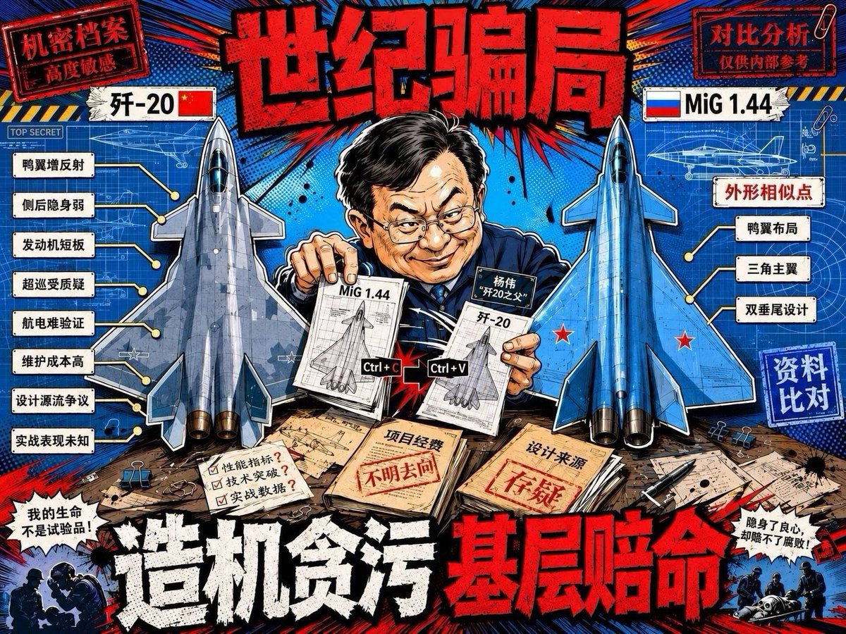 JustMedia168's tweet photo. 歼-20背后的贪腐，正在谋杀基层官兵！

过去总吹嘘歼-20能跟猛禽叫板，现在连“歼-20之父”自己都被悄悄下架了。这就不得不让人深思：那些所谓性能突破、实战表现，究竟有多少是报告里注��数据？把米格1.44的图纸改一改，就成了震惊世界五代机？别再用盲目的崇拜，去掩盖军工系统最大的黑幕！ https://t.co/C32VhtvfZo