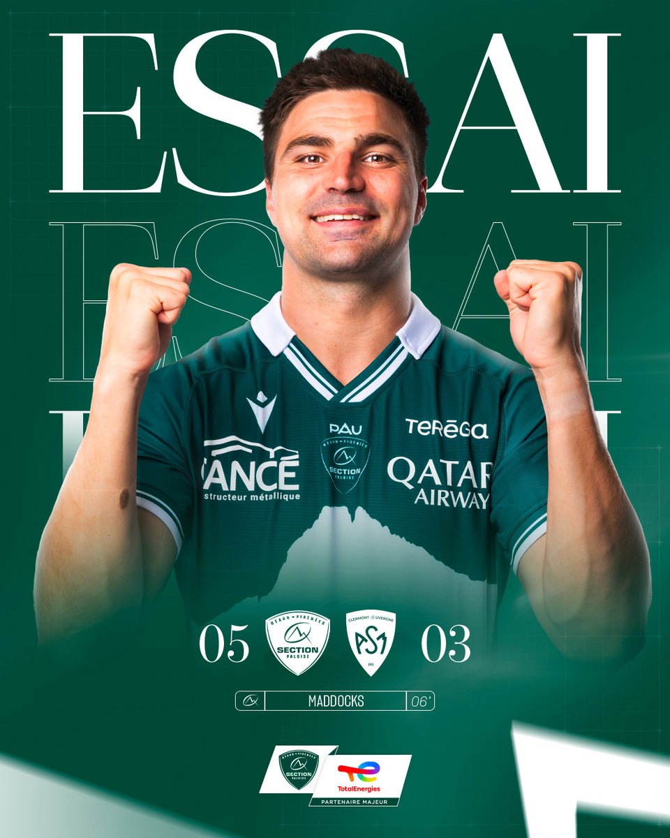 SectionPaloise's tweet photo. 🏉 6' 𝑬𝑺𝑺𝑨𝑨𝑨𝑨𝑰𝑰𝑰 ! Jack Maddocks inscrit le premier essai Vert &amp; Blanc !

#SPASM #TOP14 #HonhaSection https://t.co/BRWQoSeE3J