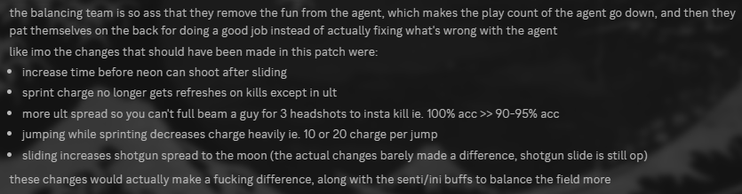 meshyFIN's tweet photo. Biased opinion cause I am a Neon main but this patch didn't even fix what made Neon so overpowered compared to other agents.
#neon #neonnerfs #neonvalorant @VALORANT @riotgames https://t.co/Xzq3cyXBf1