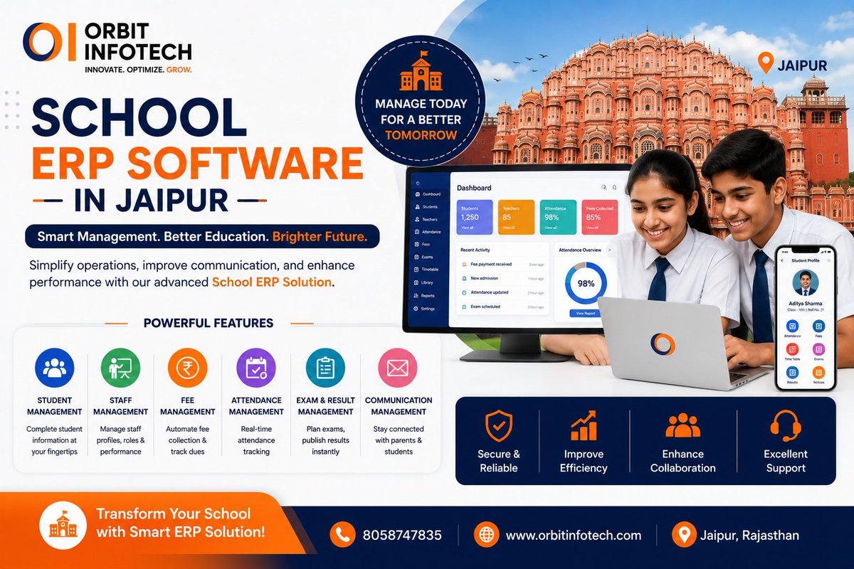 InfotechOrbit's tweet photo. 🏫 School ERP Software in Jaipur

Smart ERP solutions for modern schools 🚀
Manage admissions, attendance, fees, exams &amp; communication with ease.
🌐 Visit https://t.co/ukz4ozLzb1
📞 8058747835

#SchoolERP #ERPSoftware #EducationManagement #SchoolSoftware https://t.co/XU7xZRusOO