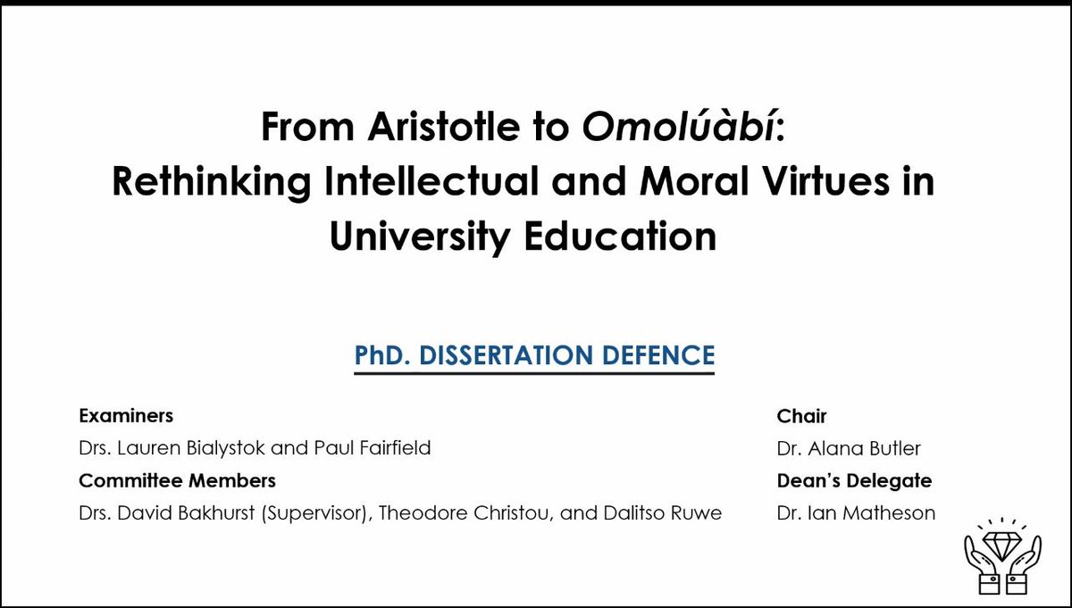 ikbouncehub's tweet photo. Yesterday, I defended my PhD dissertation, “From Aristotle to Omoluabi: Rethinking Intellectual and Moral Virtues in University Education,” in the Faculty of Education @ Queen's University. Tomorrow, I begin a new chapter as an Asst. Prof. of Ed. @ Canadian Mennonite University. https://t.co/7T8RBE9qtq