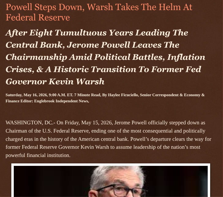 ArtFletcher9's tweet photo. Powell Steps Down, Warsh Takes The Helm At Federal Reserve https://t.co/Pem5RZqoce via @Englebrooknews #WashingtonDC #USFederalReserve #CentralBank @JeromePowell #StepsDown #FedChair @KevinWarsh #PresidentTrump #BoardGovernors @HRG_Media @LodiNJNews @SarahGeving1 @Shannon96574094 @DanCook26214426 @Daytobehappy @janninereid1 @gator4kb18 @TrumpWasRite2 @KathyKbrose @RobGerundo @JimBobW49