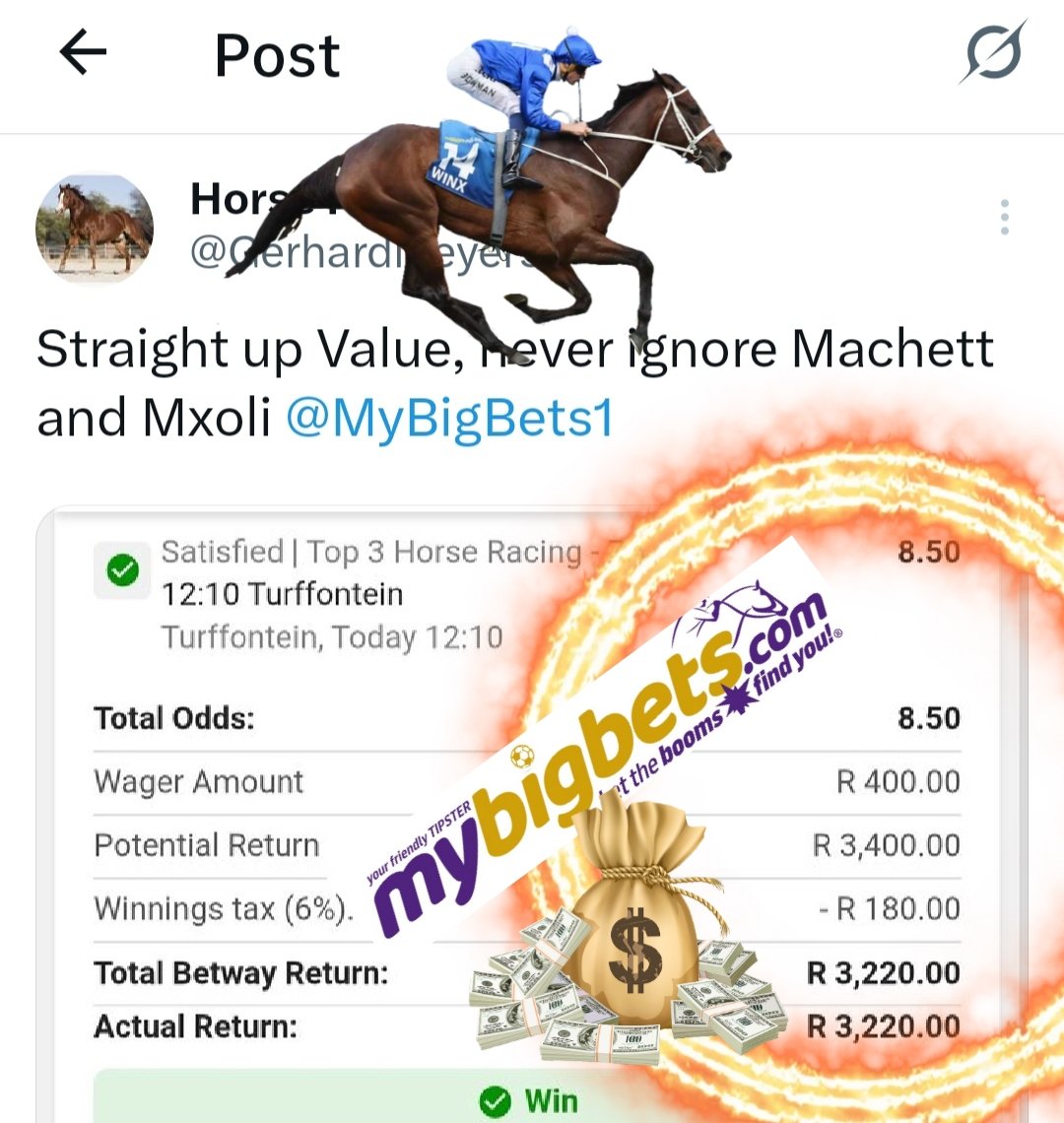 MyBigBets1's tweet photo. 💥PUNTERS BOOM MYBIGBETS💥
🏇🏻🏇🏻🏇🏻💰💰💰🏇🏻🏇🏻🏇🏻🏇🏻💰💰💰
®️LET THE BOOMS FIND YOU®️
#MYBIGBETS #CAPERACING #CapeTown #SaturdayStories #horseracing #betway #HorseRacingTips #BOOM https://t.co/28C9e6PecD