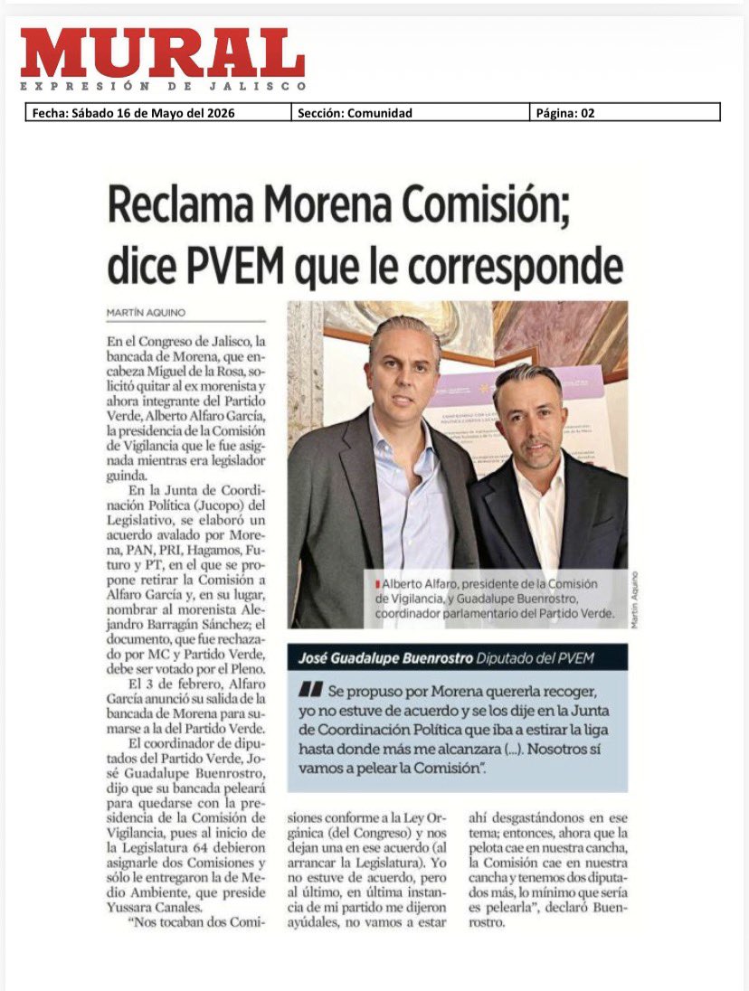 BitacoraPol's tweet photo. Bien hecho 👏👏👏

El diputado local del Verde @albertoalfaromx tiene el apoyo de su coordinador parlamentario @LBuenrostroD17 para conservar la Comisión de Administración del @LegislativoJal 
Impidiendo el asalto de los filibusteros @Delarosa4t y @alexbarragan76

Via @muralcom https://t.co/3pMTm3TP0N