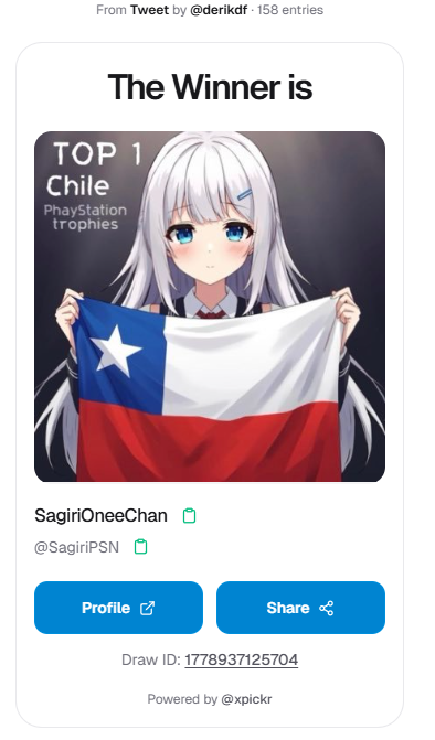 derikdf's tweet photo. Congrats @SagiriPSN you won! 🏆

Draw ID: 1778937125704
Powered by @xpickr https://t.co/cPXvIui7qA
