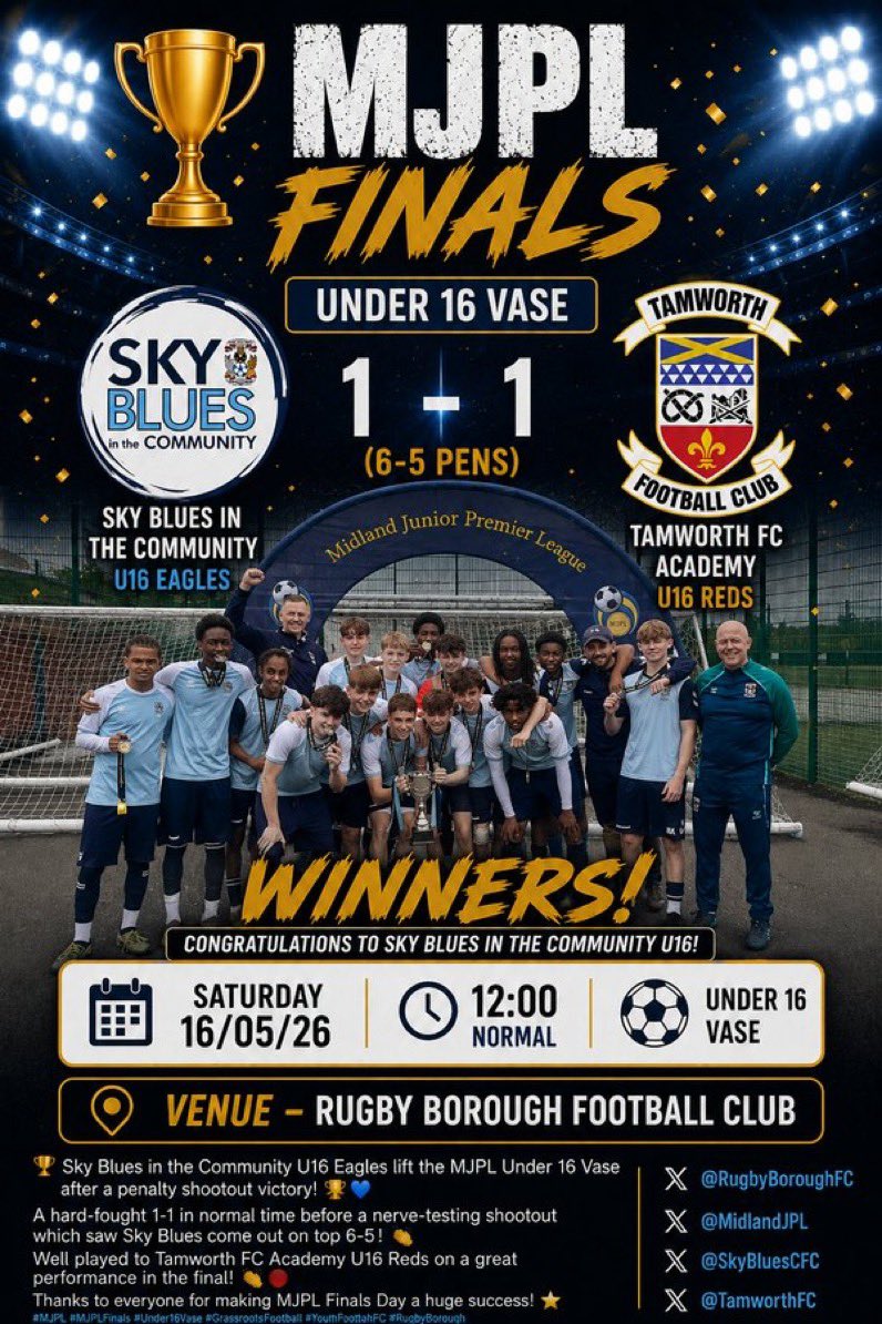 SBitC_CCFC's tweet photo. Football Development | Cup Win 🏆 ⚽️

A huge congratulations to our U16’s Eagles team in our Player Development Centre, who today won their MJPL Vase Final on penalties @MJPL_UK 

A fantastic achievement for the players 🩵👏🏻

Interested in signing up for our trials? 

🔗: https://t.co/Fz3aShDNij

#PUSB #MakingADifference