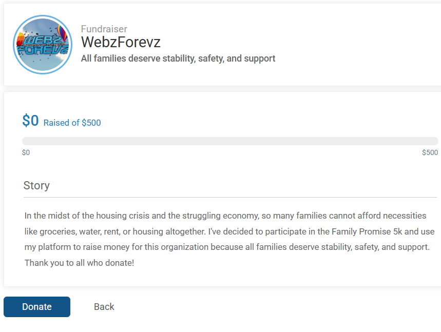 WebzForevz's tweet photo. On Monday, May 25th, I'll be participating in a 5k to raise money for Family Promise, an organization that seeks to prevent and end homelessness for families and children. I've set up a fundraiser you can donate to that will go directly to the organization. My goal is $500! https://t.co/AjoTdOEIFh