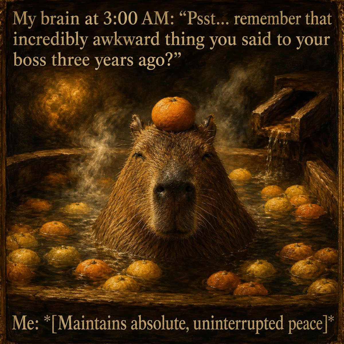 metartificial's tweet photo. Trying to terrorize me with awkward memories from 2023? Nice try, brain. I am a peaceful water potato now. 🍊✨
#memes #animals #art #capybara https://t.co/kwM1RvoYIx