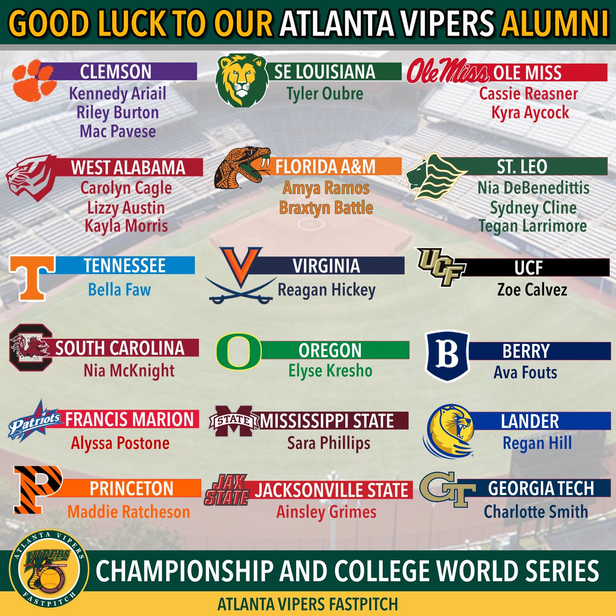 thevipernation's tweet photo. Best of luck to all Vipers Alumni competing for championships across collegiate softball! Your hard work and passion continue to inspire the next generation. Once a Viper, always a Viper. 🐍

#BeTheStandard #ViperNation

Missed your name? Email us at atlvipersfastpitch@gmail.com https://t.co/8LLss59E2u