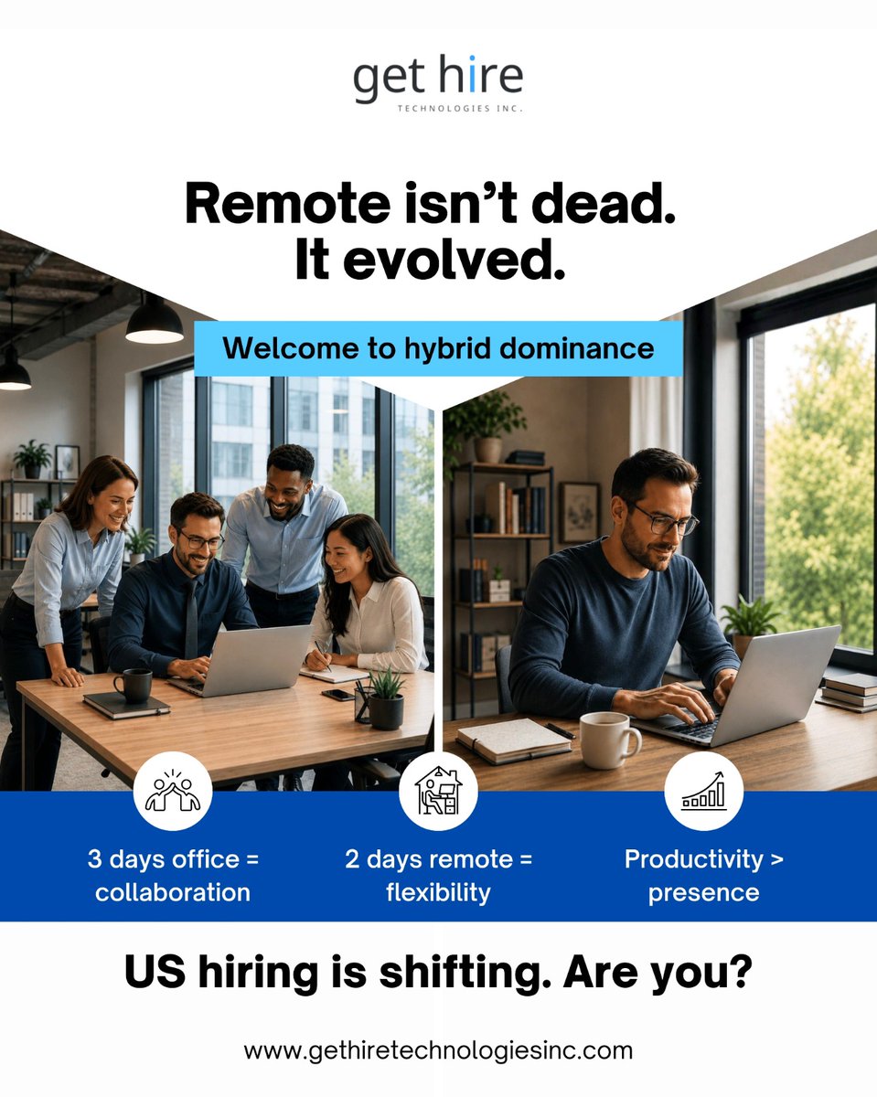 gethiretech's tweet photo. Remote isn’t dead. It evolved. 💼
Hybrid work is redefining productivity, flexibility, and collaboration in the US hiring market. 🚀

#GetHireTechnologies #HybridWork #RemoteWork #USHiring #FutureOfWork https://t.co/KxliEmcYjM