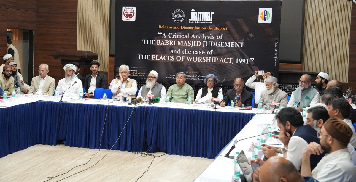 JamiatUlama_in's tweet photo. #Jamiat’s Report Released on #BabriMasjidVerdict and #Places_of_Worship_Act, 1991
Important event on #Secularism and #Justice Organized by Jamiat Ulama-i-Hind and SAMLA. Speakers assert no evidence that Babri Masjid Was Built after Demolishing a Temple and Demand Strict Enforcement of the Places of Worship Act, 1991
New Delhi, May 16, 2026: An important event was held at the Deputy Speaker Hall, Constitution Club of India, New Delhi, by the Justice and Empowerment of Minorities forum of Jamiat Ulama-i-Hind, in collaboration with the South Asian Minorities Lawyers Association (SAMLA), where a research report on the Babri Masjid verdict and the Places of Worship Act, 1991, was officially released.
The programme was presided over by president Jamiat Ulama-i-Hind Maulana Mahmood Madani and attended by eminent senior advocates, legal experts, former judges, and scholars from across the country.
The released report argues that the Places of Worship Act, 1991 holds central importance in protecting India’s secular structure, communal harmony, and constitutional stability by preventing the reopening of historical religious disputes. The report presents a detailed analysis of important Supreme Court judgments, particularly the Ismail Faruqui case (1994) and the M. Siddiq (Ayodhya Verdict 2019), arguing that the interpretation in the Ismail Faruqui judgment—which stated that a mosque is not an essential part of Islam—had deep implications for subsequent cases. The report recommends strict implementation of the Places of Worship Act, 1991, and strengthening the principles of secularism and religious equality.
 Jamiat president Maulana Mahmood Asad Madani, in his keynote address after the release of the report, said that a serious and critical study of the Babri Masjid verdict was necessary so future generations could understand how one section of society presented its perspective in an academic and constitutional manner. He described the report as a sincere effort to protect India’s secular identity, constitutional values, and communal harmony. 
Referring to the Babri Masjid case, he stated that there was no conclusive evidence proving that the mosque had been built after demolishing a temple, a fact acknowledged by the Supreme Court itself in paragraph 788 and related portions of the judgment. He further said that despite Muslims responding to the verdict with patience and constitutional commitment, fresh disputes concerning Gyanvapi, Mathura Eidgah, Kamal Maula Mosque, and other religious places were raised, turning the issue into a matter concerning India’s constitutional identity, judicial credibility, and the principles of justice.
Earlier, SAMLA Secretary General Advocate Firoz Ghazi delivered the welcome address and remarked that history always honors those who stand for justice, integrity, and human dignity. He expressed hope that constitutional morality and the principle of Satyameva Jayate would ultimately prevail.
Former Patna High Court Judge Justice Iqbal Ahmad Ansari praised Maulana Mahmood Madani for releasing the report. He stated that the real strength of a judge lies in conscience, fearlessness, and commitment to justice, because justice suffers when judges succumb to fear. Referring to the Babri Masjid case, he remarked that the court delivered merely a “decision,” not a true “judgment,” since a judgment requires sound reasoning, whereas a decision may simply reflect prevailing circumstances.
Senior Advocate Indira Jaising emphasized in her speech that the Babri Masjid verdict and the Places of Worship Act cases are not merely about one religious site or dispute, but concern the constitutional future of the country, equally affecting both Hindus and Muslims. She stressed that in a secular and democratic nation, the primary duty of judges is to decide cases according to the Constitution, law, and equality—not on the basis of religious belief.
Vice Chancellor of Chanakya National Law University Faizan Mustafa said that the Places of Worship Act, 1991, represents a constitutional effort to preserve the historical status of religious places in the country. However, he observed that the mere existence of a law is not in itself a complete guarantee. What is truly needed is the proper preservation of documents, historical records, and legal status relating to religious sites. He noted that while the court accepted several historical and legal aspects in the Babri Masjid case, there remains room for academic disagreement on certain observations. Therefore, he stressed the need for dialogue in resolving sensitive religious disputes rather than relying solely on judicial confrontation.
Senior lawyer Salman Khurshid stated that a significant portion of the Babri Masjid verdict actually supports the Muslim legal position. He pointed out that the ASI reports nowhere conclusively established that a temple had been demolished to construct the mosque. He further emphasized that sustainable solutions in the future can emerge not merely through legal or political means, but through dialogue, constructive engagement, and restoration of mutual trust.
Senior Advocate M. R. Shamshad warned that attempts to weaken the Places of Worship Act or create new disputes through ASI-related legal mechanisms could prove dangerous for the country’s secular and constitutional framework. He stressed that constitutional rights should not remain confined to books but must be effectively implemented in practice.
Senior Advocate Nizam Pasha said that mosques are symbols of the religious and historical identity of the Muslim community. He argued that the court accorded legal significance to the Hindu side’s belief, while the Muslim position was reduced merely to a place of worship, leading to debates over the essentiality of mosques in Islam. He added that although Muslims had fully presented arguments based on waqf and historical ownership, these important arguments were not discussed in detail in the judgment.
Senior Advocate Ejaz Maqbool remarked that if any historical wrong has occurred, it must be remembered and acknowledged honestly. Appreciating the efforts of Jamiat Ulama-i-Hind, he said that the foremost challenge facing Muslims today is the protection of their constitutional rights, particularly religious and educational freedoms guaranteed under Article 30 of the Constitution.
Research scholar Dr. Nizamuddin Ahmad Siddiqui elaborated on the background and context of the report. Advocate Rauf Rahim emphasized that the ongoing struggle for the protection of waqf properties has become extremely necessary in the current circumstances, while Advocate Tahir M. Hakim stressed the importance of justice and fairness at every level.

Among others present at the programme were Jamiat Ulama-i-Hind General Secretary Maulana Mohammad Hakimuddin Qasmi, Secretary Maulana Niaz Ahmad Farooqui, Advocate Rubina Javed, former SAMLA President Advocate J. H. Jafri, Advocate Rukhsana Chaudhary, Advocate Tayaab Khan, Advocate Mohammad Nurullah, Advocate A. Sirajuddin, and Professor Hasina Hashia of Jamia Millia Islamia University, Prof Mujibur Rahman Jamia Millia Islamia, Ovais Sultan Khan, Dr Shabbir Mushtaq along with several distinguished lawyers and scholars. The vote of thanks was delivered by Advocate Mansoor Ali Khan, while the proceedings were conducted by SAMLA President Advocate Nasir Aziz.