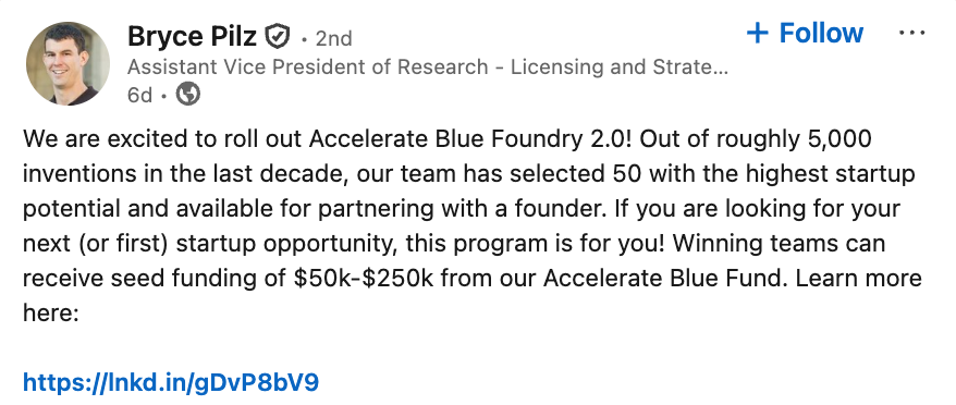 dvansickle's tweet photo. The University of Michigan chose 50 inventions from its catalog for its new startup accelerator. That leaves 4,950 misfits on the sidelines, with no owner, no way forward, and no one asking what else could be done with them.

That’s what my four-part series is about https://t.co/cTzNRiO4FE