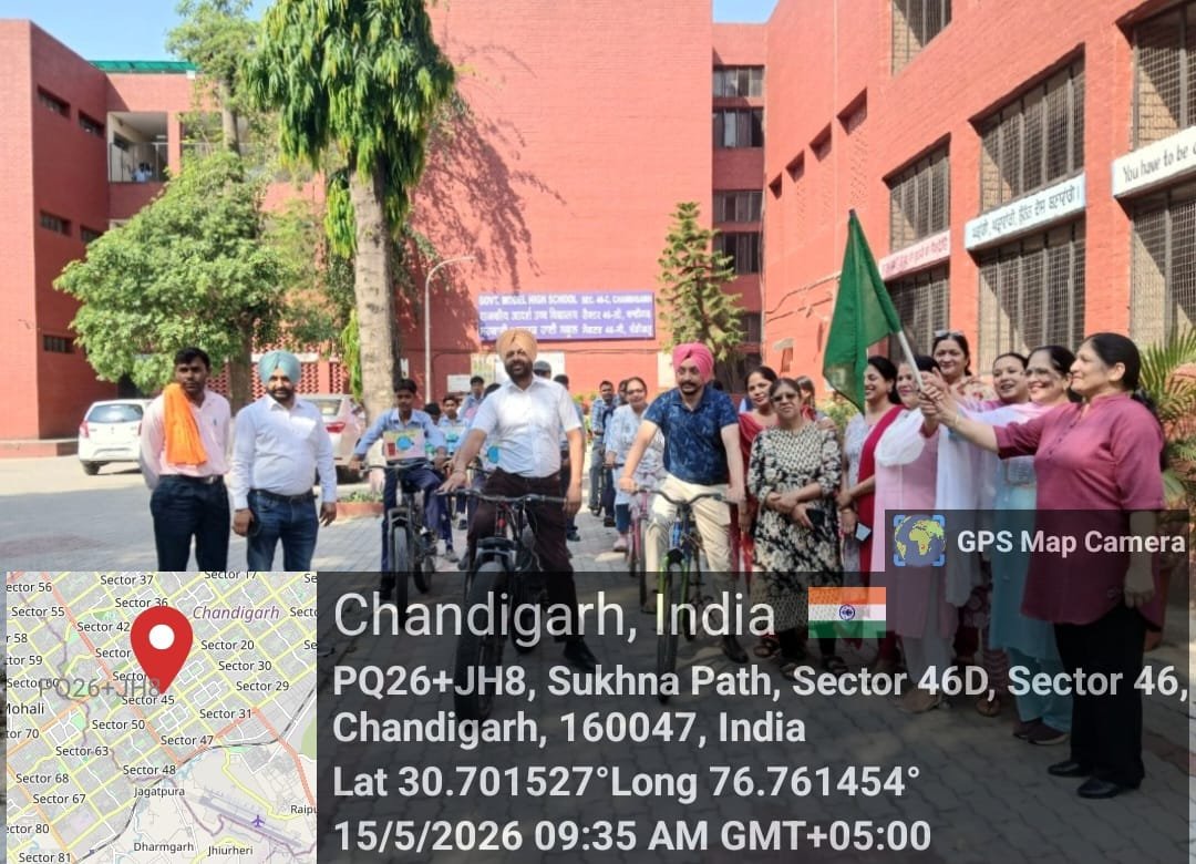Ghs46cChd's tweet photo. GMHS 46C Chandigarh celebrated World Environment Day with a cycle rally led by headmaster Rajinder Singh. Students learned about the health and environmental benefits of cycling. The rally also encouraged the public to adopt cycling for a cleaner, healthier environment. https://t.co/yZfydkH9Uq