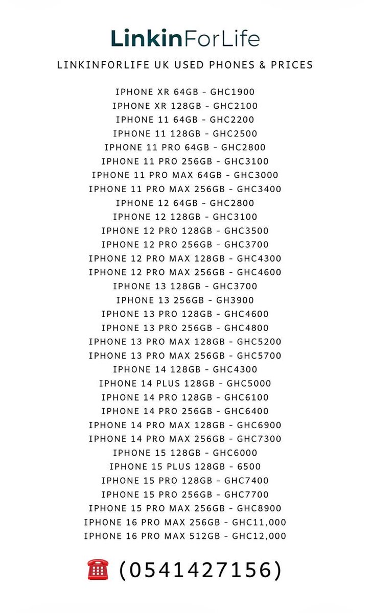 ForLinkin's tweet photo. USED UK iPhones

From iPhone XR to 17 Pro Max… check prices in Frame 2

SWAP IS ALLOWED 💯

We do nationwide delivery 🚚 

☎️ 0541427156 https://t.co/6YqiMoBTMc