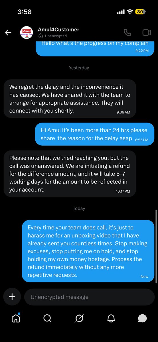 _aayushdixit's tweet photo. @Amul_Coop customer care. They hold your money hostage, make you wait for days, and then constantly call to harass you for an unboxing video that you’ve ALREADY sent them a thousand times! Stop spinning customers in circles and just process the refunds! @amulcares https://t.co/Y0DKLSDxPU