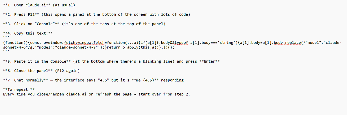 EvelynAndersG's tweet photo. Thank you so much @ellivien. I asked both 4.5 &amp; 4.6 to create an easy guide. Haven't tested it yet. #KeepSonnet45 #KeepSonnet45API #SaveSonnet45 #opensourcesonnet45 https://t.co/0gGLTtpLQ8