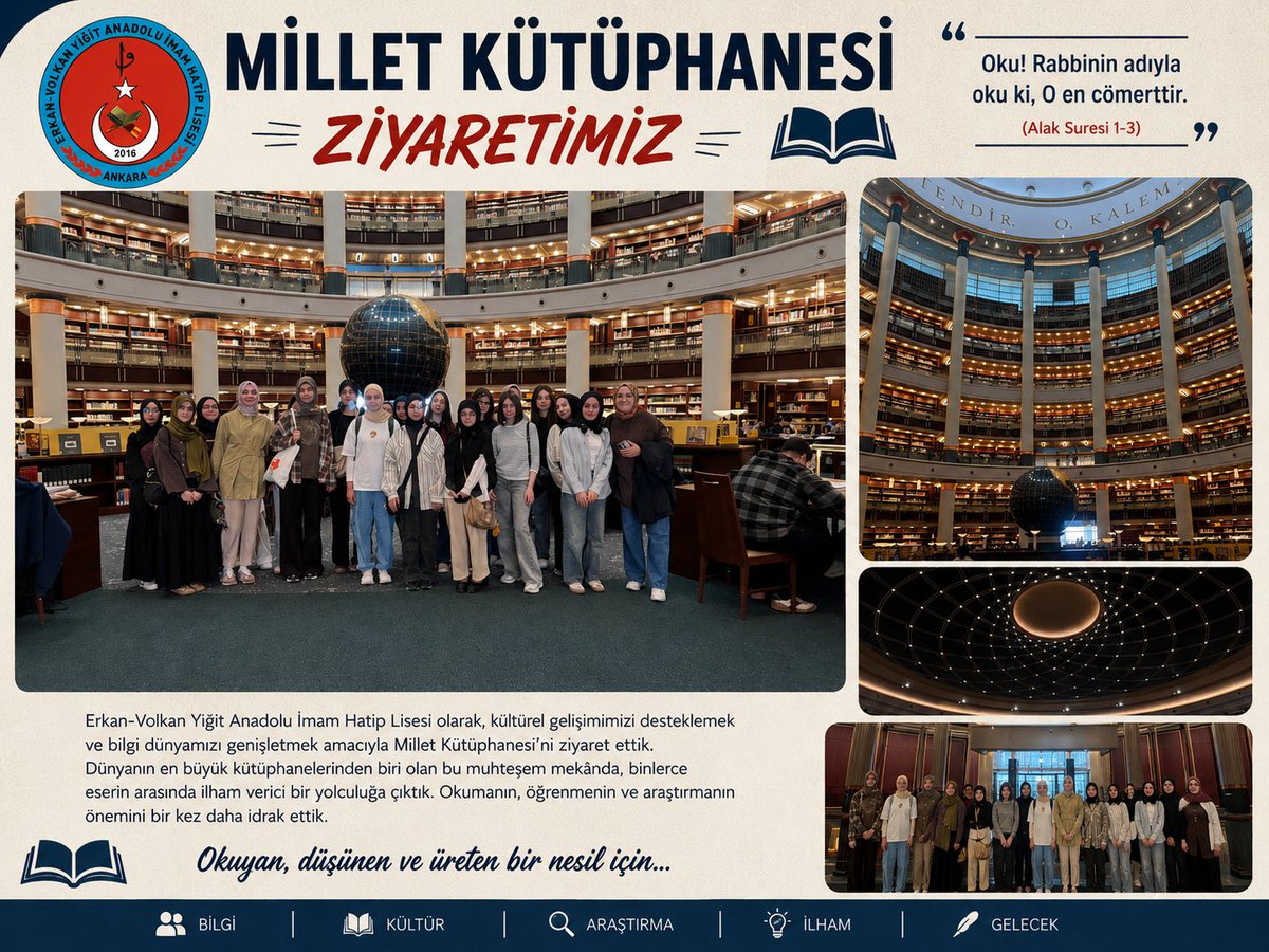 AihlErkan's tweet photo. 📚 MİLLET KÜTÜPHANESİ ZİYARETİMİZ
Öğrencilerimizin kültürel gelişimlerine katkı sağlamak, araştırma ve öğrenme ufuklarını genişletmek amacıyla dünyanın sayılı kütüphanelerinden biri olan Millet Kütüphanesi’ni ziyaret ettik.
Bilginin ve kitapların büyülü dünyasını keşfettik. https://t.co/n8yUxlVb4D