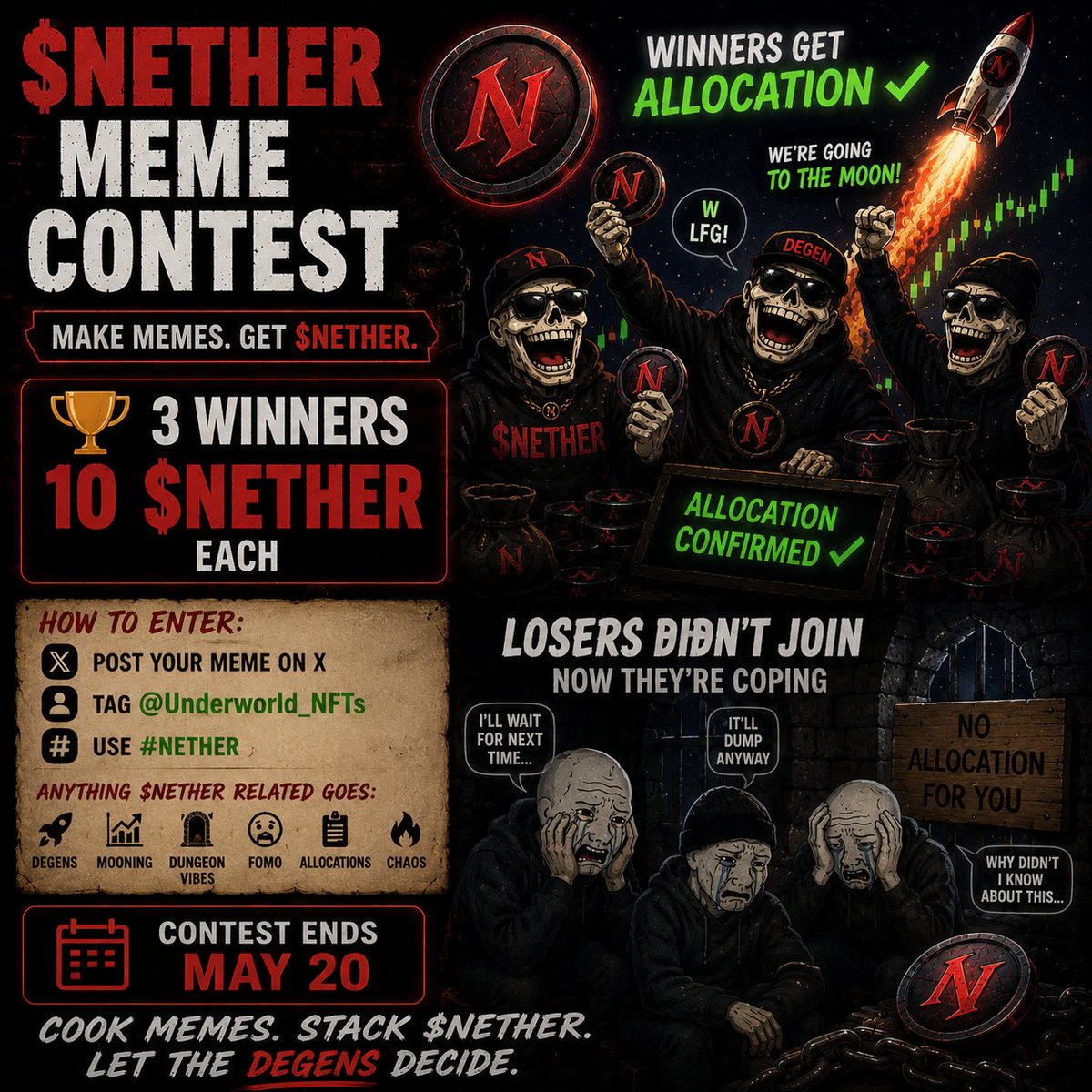 Underworld_NFTs's tweet photo. 🔥 $NETHER MEME CONTEST 🔥
Cook your best $NETHER memes and farm some free bags 👇
🏆 3 Winners
💰 10 $NETHER each
How to enter:
• Post your meme on X
• Tag @Underworld_NFTs
• Use #NETHER
Anything $NETHER related goes:
Degens. Mooning. Dungeon vibes. FOMO. Allocations. Chaos. 😈
I also heard Nether will be the bitcoin:native of @cosmoshub
📅 Contest ends May 20
Let the degens decide who cooked hardest.