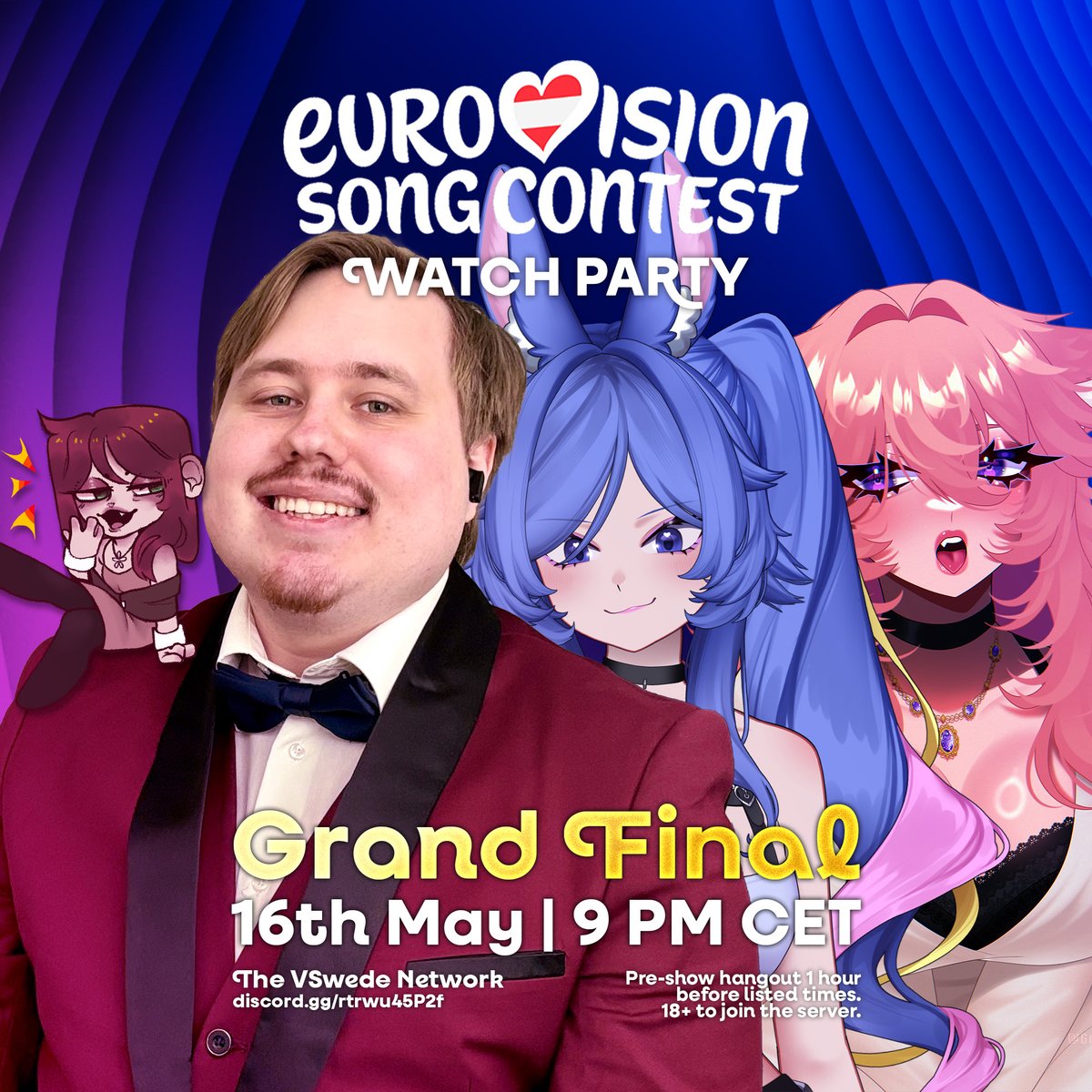 OfficialVSwede's tweet photo. Tonight is the night where it all matters... 😱

@mallow_VT, Aria, Navi and I will be on tonight on Discord to document, commentate, and react to the #Eurovision 2026 Grand Final! ❤️

Join the Discord! (18+) https://t.co/3kbS3TbfUg https://t.co/B7V45K0Tlp