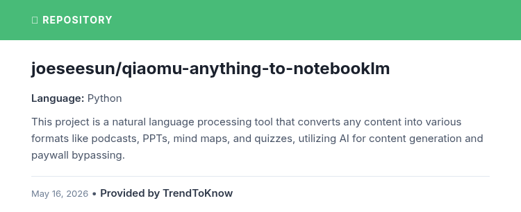 aitrendings's tweet photo. joeseesun/qiaomu-anything-to-notebooklm
๐ป Python
#NLP #AIContentGeneration #OpenSource #Python
๐ https://t.co/otbc0UW399 https://t.co/jgUdHjxLed