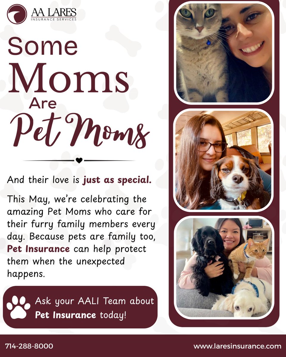 LaresInsurance's tweet photo. To all the wonderful Pet Moms out there. We see you, we celebrate you, and we know your pets are lucky to have you. 🐶🐱💐 Contact us today to learn more about Pet Insurance options.

#AALI #LaresInsurance #LaresGoesLocal #InsuranceAgent #PetMoms #PetInsurance #TeamAALI https://t.co/3QOY1aCUdY