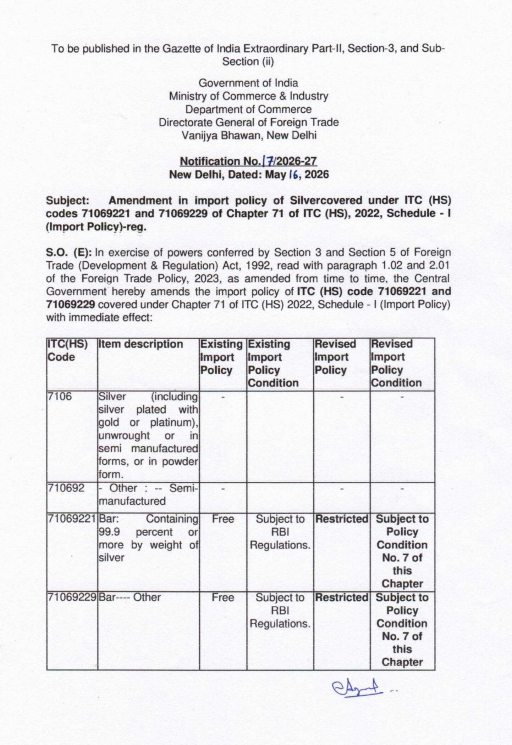 ANI's tweet photo. The Government of India has tightened the policy regarding the import of silver bars, changing their status from 'Free' to 'Restricted' with immediate effect. https://t.co/k4Zyq4W2rO