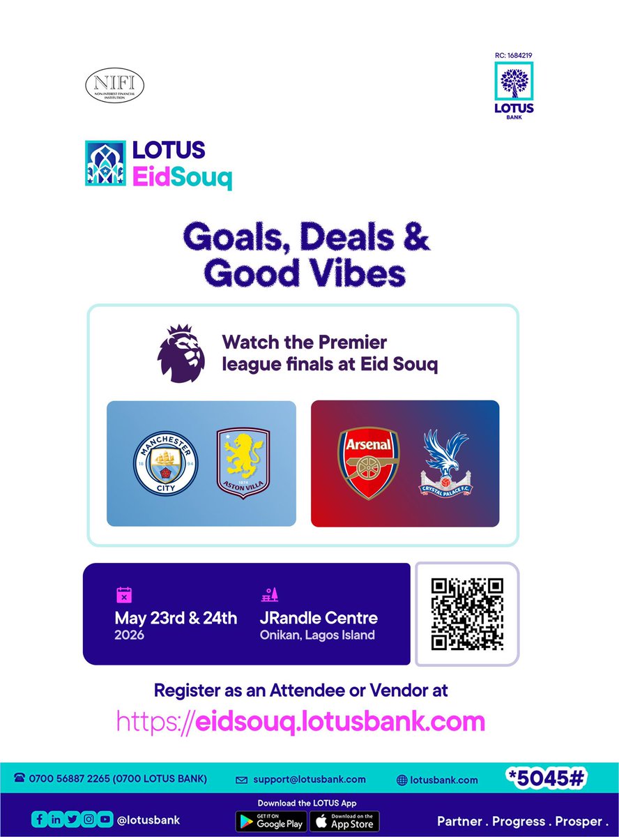 LotusBank's tweet photo. Lagos, this is your sign to cancel boredom next weekend l!🔥

Imagine this:
Shopping deals 
Delicious food 
Fun activities 🎉
Amazing people ✨
AND watching the Premier League finals LIVE with full vibes ⚽🔥

That’s the energy LOTUS Eid Souq is bringing this year! 🙌🏽 https://t.co/PUCzTek3E1