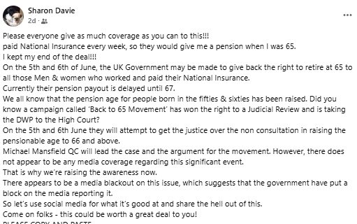 ColinWalte28988's tweet photo. Message for the Brits born in the 50s and 60s who had their retirement age bumped up from 65 to 67.
Sharon Davie is quite right there is a total MSM blackout on this news https://t.co/631jcP1OYg