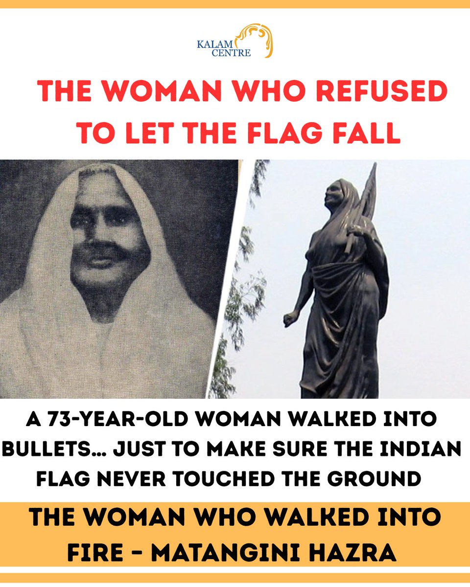 KalamCenter's tweet photo. She wasn’t a queen. She wasn’t a soldier.
But she became a symbol of fearless courage. 🇮🇳

Matangini Hazra was a simple village woman from Bengal—born into poverty, married young, and widowed early. Life had tested her in ways that break most people. But instead of surrendering, she built a quiet strength within herself—one that would one day inspire a nation.

By the time the Quit India Movement began, she was 73 years old—an age when most seek rest, not resistance. Yet she stepped forward when it mattered the most.

On 29th September 1942, in Tamluk, she led a procession of thousands toward a police station with one goal—to hoist the Indian tricolour and challenge British rule.

At the front of that crowd stood an elderly woman…
holding the flag firmly,
walking without fear.

The British police tried to stop them.
Warnings were shouted. Threats were made.

But she did not step back.

Then came the gunfire.

The first bullet struck her fragile body.
The crowd froze…

But she kept walking.

The second bullet hit.
Her body trembled… but her voice rose stronger—

“Vande Mataram.”

It was no longer just a slogan.
It was defiance. It was courage. It was sacrifice.

Then came the third bullet.

Her body began to give way…
but even in that final moment, she ensured one thing—

**the flag would not fall.**

As she collapsed, drenched in her own blood,
the tricolour was still held high in her hands.

She had no weapon.
No protection.
Every reason to walk away…

But she chose to walk forward.

Not for fame.
Not for recognition.
But for a free India she might never see.

Matangini Hazra didn’t just die that day—
she became a legacy.

Because courage isn’t defined by age or strength…
it’s defined by the choice to stand firm when everything tells you to fall.

Some people fall in battle…
but legends make sure their cause never does. 🇮🇳

#MatanginiHazra #UnsungHeroes #IndianFreedomStruggle #QuitIndiaMovement #VandeMataram #FreedomFighters #IndianHistory #RealHeroes #Sacrifice #Inspiration #Patriotism #IndiaIndependence #Courage #NationFirst