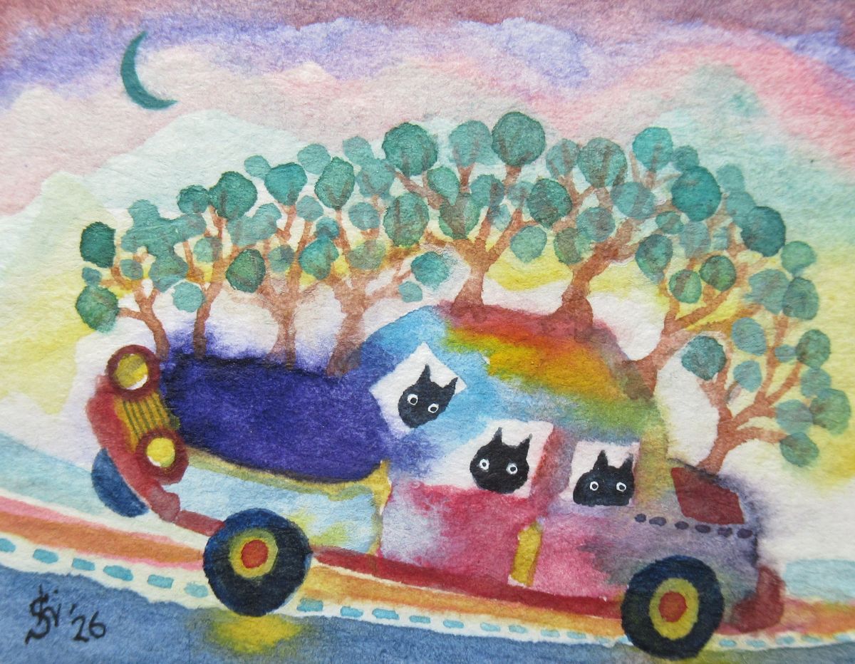 昨日描いた絵に月を加筆『ゴーゴージュカー』水彩紙、透明水彩、2026.5