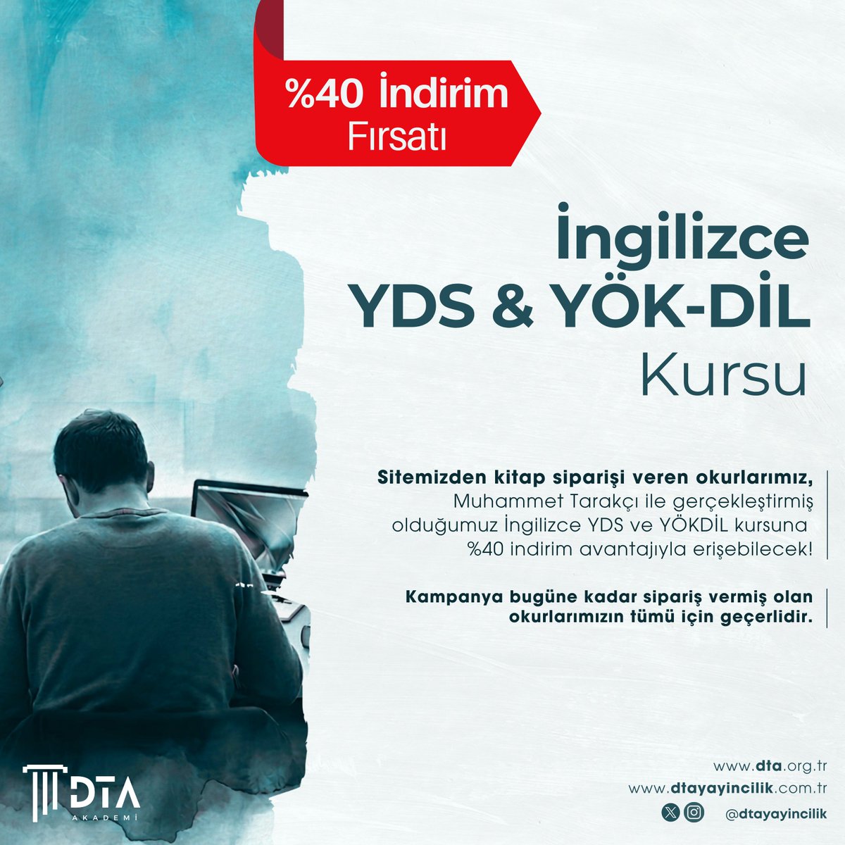 dtayayincilik's tweet photo. Siz Okurlarımız İçin Kampanya!

Sitemiz üzerinden kitap alan siz okurlarımızın için Muhammet Tarakçı eğitmenliğinde gerçekleştirmiş olduğumuz İngilizce YDS & YÖK-DİL hazırlık kursuna %40 indirimle erişme imkanı sunuyoruz.

🔴Kampanyadan yararlanmak için sitemizi (https://t.co/P9dcdIhVY1) ziyaret edebilirsiniz.
🔴Ayrıca bu kampanya bugüne kadar sipariş vermiş olan okurlarımızı da kapsamaktadır. 
📲 İndirim talebi ve sorularınız için WhatsApp hattımız: 0507 227 12 97
🔗Kurs Hakkında Detaylı Bilgi için: https://t.co/cjmSxIR38H