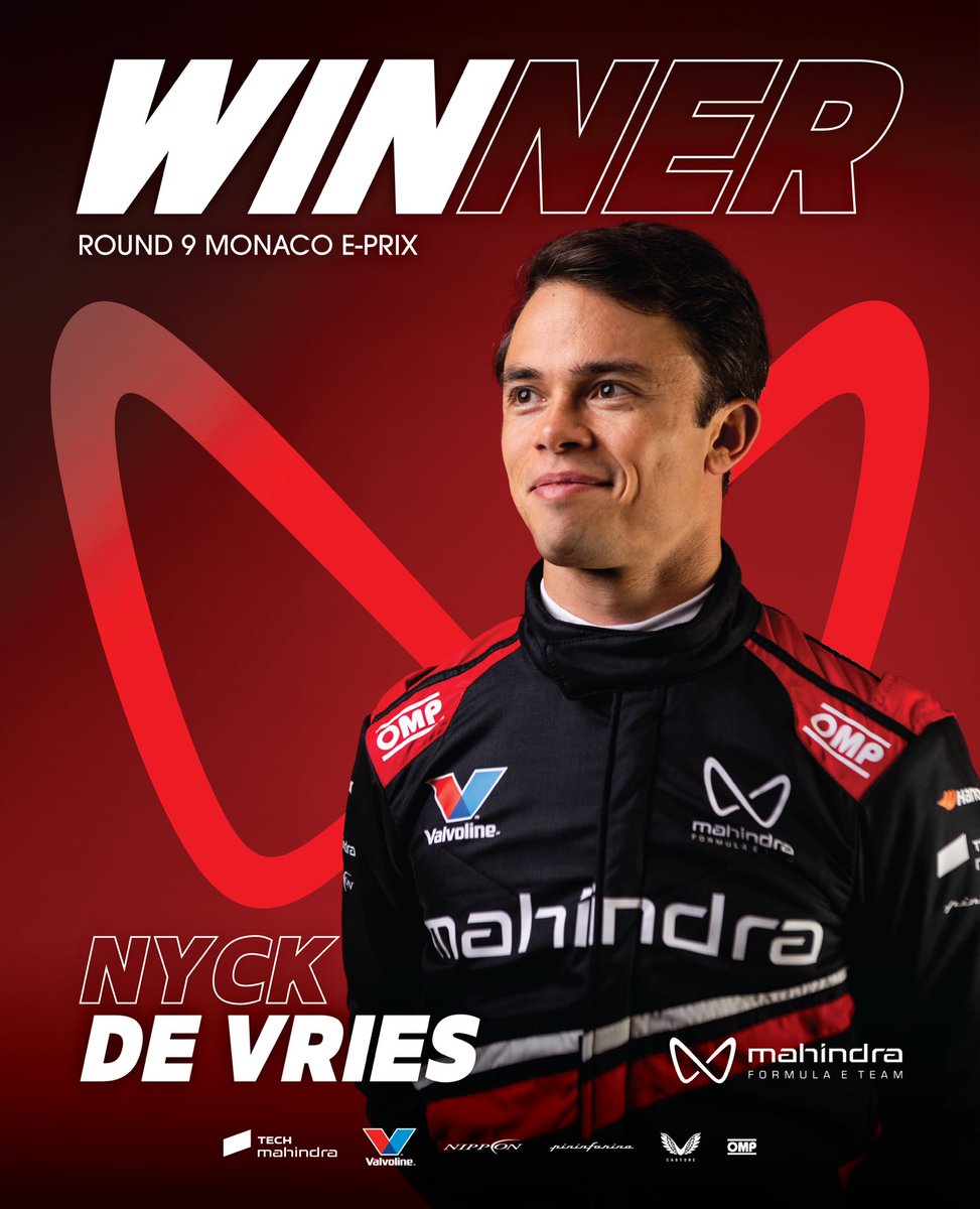 MahindraRacing's tweet photo. NYCK TAKES THE WIN IN MONACO 🇲🇨🏆☝️

#Mahindra #FormulaE #MonacoEPrix https://t.co/V913yRqBok